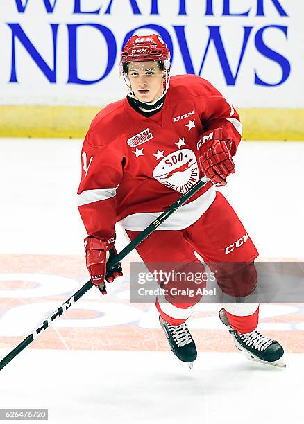 Mac Hollowell of the Sault Ste. Marie Greyhounds skates in warmup prior to a game against the Mississauga Steelheads on November 25, 2016 at Hershey...