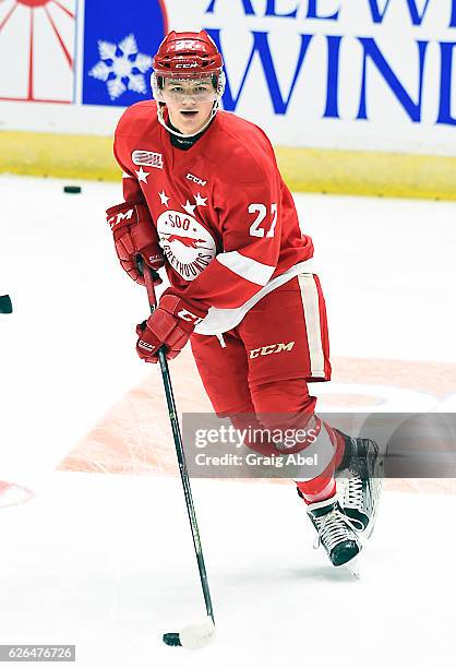 Barrett Hayton of the Sault Ste. Marie Greyhounds skates in warmup prior to a game against the Mississauga Steelheads on November 25, 2016 at Hershey...