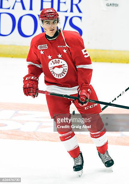 Jack Kopacka of the Sault Ste. Marie Greyhounds skates in warmup prior to a game against the Mississauga Steelheads on November 25, 2016 at Hershey...