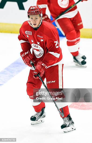 Otto Makinen of the Sault Ste. Marie Greyhounds skates in warmup prior to a game against the Mississauga Steelheads on November 25, 2016 at Hershey...