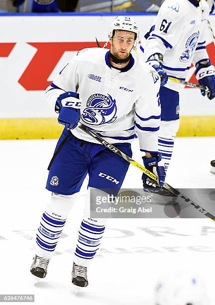 Damian Bourne of the Mississauga Steelheads skates in warmup prior to a game against the of the Sault Ste. Marie Greyhounds on November 25, 2016 at...