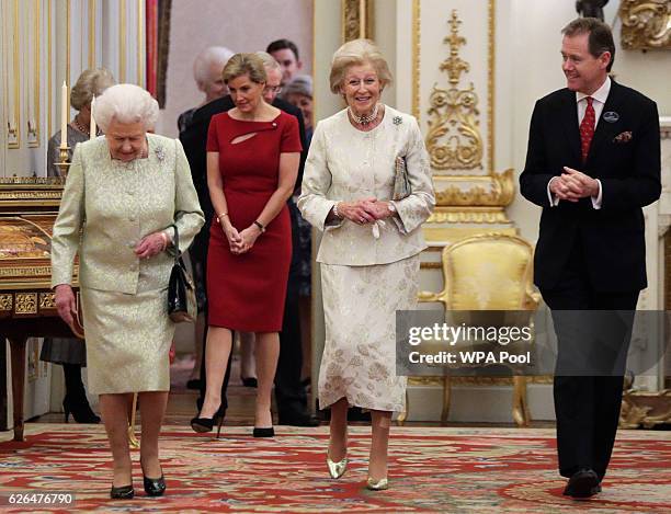 Queen Elizabeth II, Sophie, Countess of Wessex and Princess Alexandra are seen during a reception to celebrate the patronages of the Princess, in the...