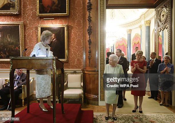 Princess Alexandra gives a speech as Queen Elizabeth II, Sophie, Countess of Wessex look on during a reception to celebrate the patronages of the...