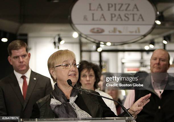 Lidia Bastianich, a partner with Eataly USA, speaks at a press conference at Eataly in the Prudential Center in Boston on Nov. 29, 2016. The Italian...