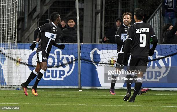 Henry Onyekuru forward of Eupen celebrates scoring a goal pictured during Croky cup 1/8 F match between K.A.S.Eupen and Club Brugge K.V. On November...