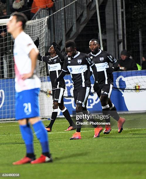 Henry Onyekuru forward of Eupen celebrates scoring a goal pictured during Croky cup 1/8 F match between K.A.S.Eupen and Club Brugge K.V. On November...