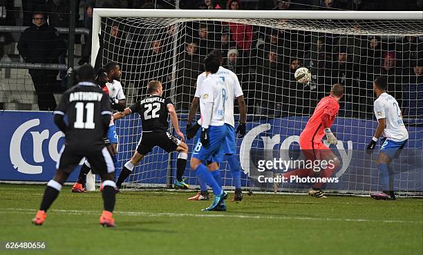 Siebe Blondelle defender of Eupen celebrates the win pictured during Croky cup 1/8 F match between K.A.S.Eupen and Club Brugge K.V. On November 29,...