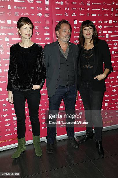 Emilie Caen, Christophe Aleveque and Serena Reinaldi attend "Courts Devants" Paris Festival at Mk2 Bibliotheque on November 29, 2016 in Paris, France.