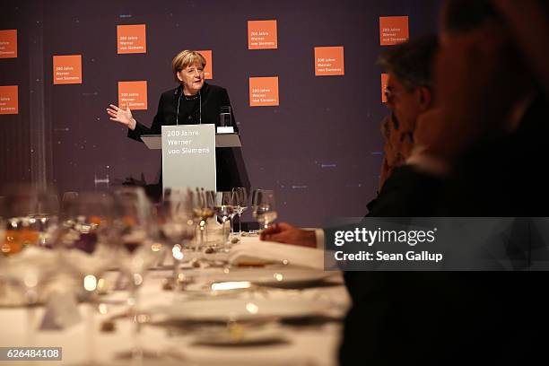 Chancellor Angela Merkel speaks during the 200th birthday celebration of Werner von Siemens on November 29, 2016 in Berlin, Germany. Von Siemens,...