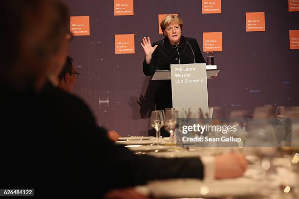 Chancellor Angela Merkel speaks during the 200th birthday celebration of Werner von Siemens on November 29, 2016 in Berlin, Germany. Von Siemens,...