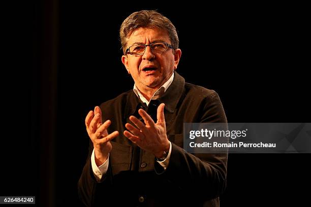 Left-wing leader Jean-Luc Melenchon delivers a speech during a meeting at Femina theatre on November 29, 2016 in Bordeaux, France. Jean Luc Melanchon...