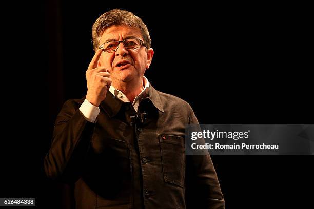 Left-wing leader Jean-Luc Melenchon delivers a speech during a meeting at Femina theatre on November 29, 2016 in Bordeaux, France. Jean Luc Melanchon...