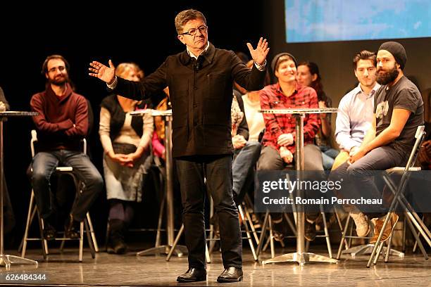 Left-wing leader Jean-Luc Melenchon delivers a speech during a meeting at Femina theatre on November 29, 2016 in Bordeaux, France. Jean Luc Melanchon...