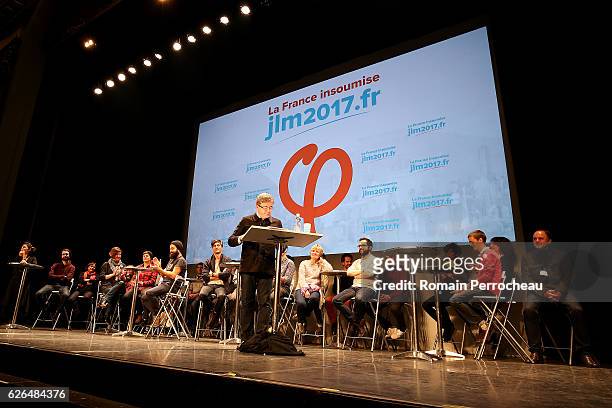 Left-wing leader Jean-Luc Melenchon delivers a speech during a meeting at Femina theatre on November 29, 2016 in Bordeaux, France. Jean Luc Melanchon...
