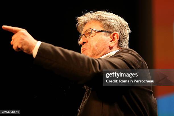 Left-wing leader Jean-Luc Melenchon delivers a speech during a meeting at Femina theatre on November 29, 2016 in Bordeaux, France. Jean Luc Melanchon...
