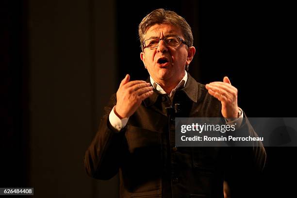 Left-wing leader Jean-Luc Melenchon delivers a speech during a meeting at Femina theatre on November 29, 2016 in Bordeaux, France. Jean Luc Melanchon...