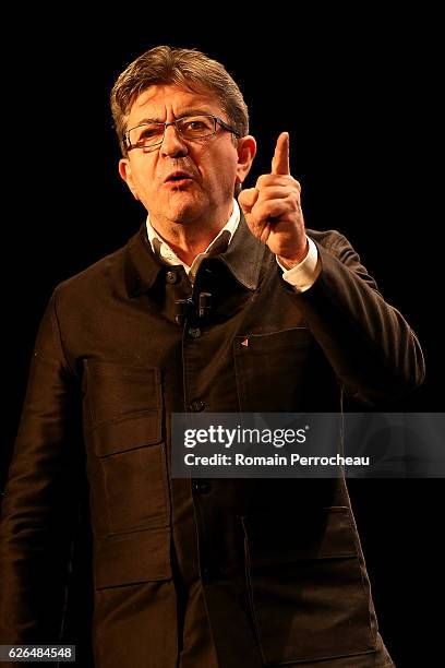 Left-wing leader Jean-Luc Melenchon delivers a speech during a meeting at Femina theatre on November 29, 2016 in Bordeaux, France. Jean Luc Melanchon...