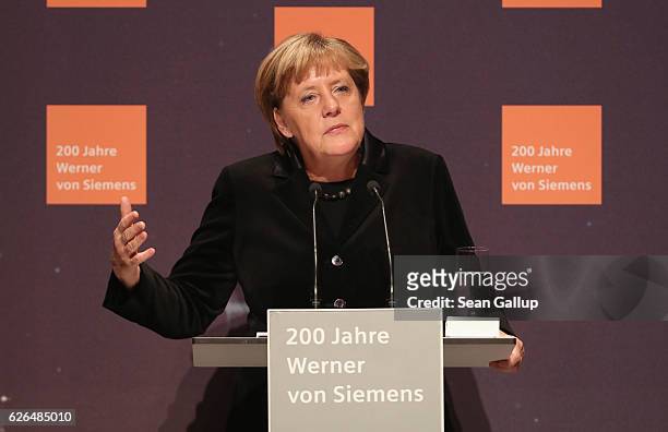 Chancellor Angela Merkel speaks during the 200th birthday celebration of Werner von Siemens on November 29, 2016 in Berlin, Germany. Von Siemens,...