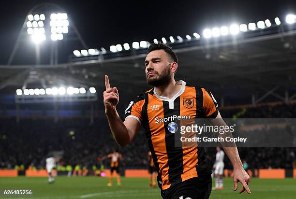 Robert Snodgrass of Hull City celebrates as he scores their frst goal during the EFL Cup Quarter-Final match between Hull City and Newcastle United...