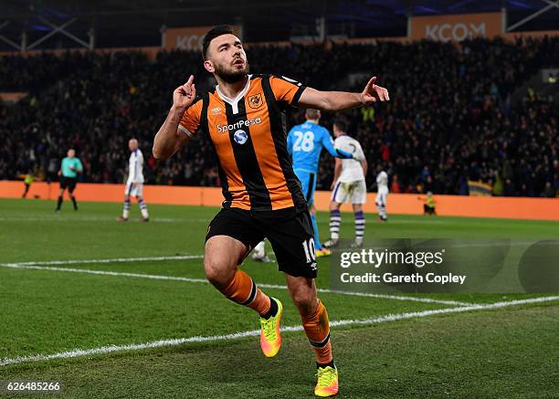 Robert Snodgrass of Hull City celebrates as he scores their frst goal during the EFL Cup Quarter-Final match between Hull City and Newcastle United...