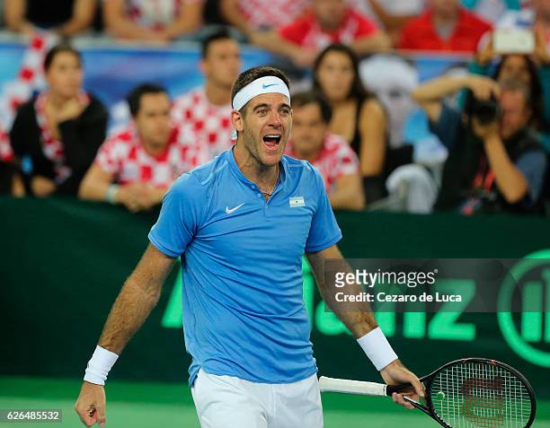 Juan Martin Del Potro of Argentina celebrates after winning against Marin Cilic of Croatia in the fourth match of the 2016 Davis Cup Final between...