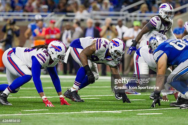 Buffalo Bills defensive tackle Jerel Worthy and Buffalo Bills defensive end Lavar Edwards wait for the snap of the ball during game action between...