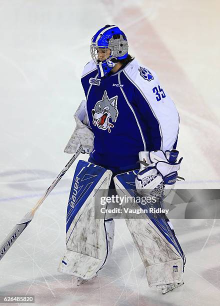 Zack Bowman of the Sudbury Wolves skates during warmup prior to an OHL game against the Niagara IceDogs at the Meridian Centre on November 25, 2016...