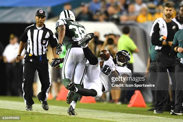 Philadelphia Eagles wide receiver Cayleb Jones attempts a diving catch during a Preseason National Football League game between the New York Jets and...