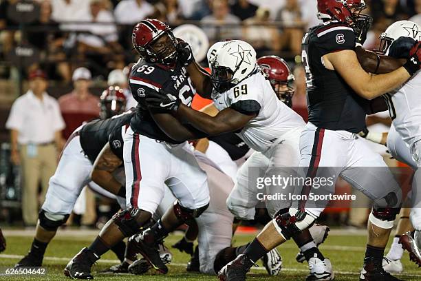 Vanderbilt defensive lineman Adam Butler battles against South Carolina offensive lineman D.J. Park . South Carolina went on to win 13-10 at...