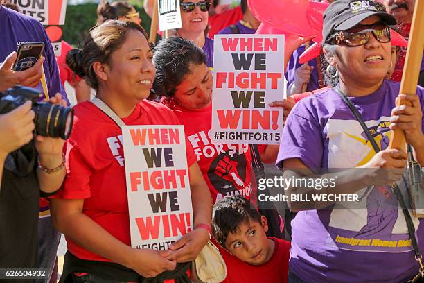 Some 200 low wage workers rally in a protest named "Day of Disturbance" to demand higher wages on November 29, 2016 at San Diego International...