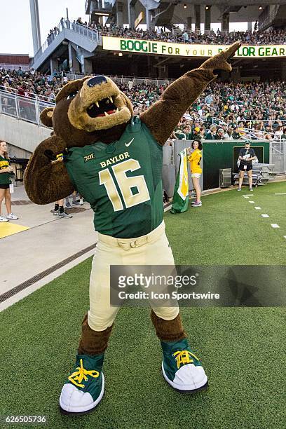 The Baylor Bears mascot "Brusier" prowls the sidelines during the game between the Baylor Bears and Northwestern State Demons at McLane Stadium in...