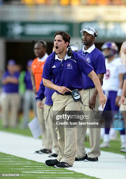 Northwestern State assistant coach August Mangin during 55 - 7 loss to Baylor at McLane Stadium in Waco, TX.