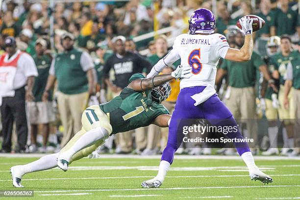 Northwestern State Demons quarterback Joel Blumenthal evades the rush by Baylor Bears linebacker Taylor Young during the game between Baylor...