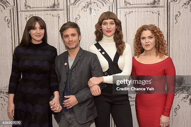 Monica Bellucci, Gael Garcia Bernal, Lola Kirke and Bernadette Peters attend The Build Series to discuss "Mozart In The Jungle" at AOL HQ on November...