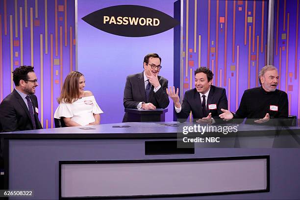 Episode 0580 -- Pictured: Director J.J. Abrams, actress Natalie Portman, announcer Steve Higgins, host Jimmy Fallon, and musician Neil Diamond play...