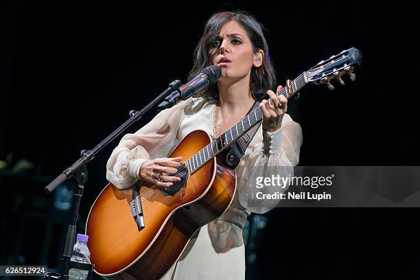 Katie Melua performs with the Gori Women's Choir at the Theatre Royal on November 27, 2016 in London, England.