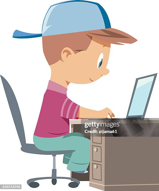 ilustraciones, imágenes clip art, dibujos animados e iconos de stock de niño y ordenador - boy typing computer