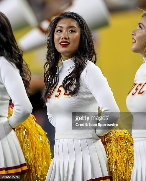 Trojans cheerleader looks on during the game between the USC Trojans and the Alabama Crimson Tide at AT&T Stadium in Arlington, TX. Alabama beats USC...