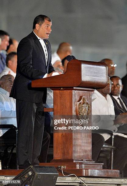 Ecuadorean President Rafael Correa speaks during a massive rally at Revolution Square in Havana in honor of late leader Fidel Castro. Castro -- who...