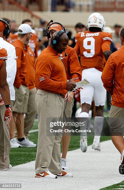 Head coach Charlie Strong of the Texas Longhorns stands on the sidelines during the game against the TCU Horned Frogs at Darrell K Royal -Texas...