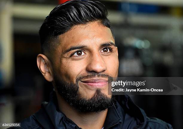 Featherweight boxer Abner Mares attends a media day workout at the City of Angels Boxing Club for his upcoming fight against Jesus Cuellar November...