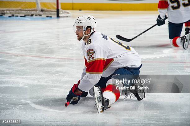 Dylan McIlrath of the Florida Panthers warms up prior to the game against the Chicago Blackhawks at the United Center on November 29, 2016 in...