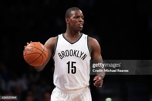 Isaiah Whitehead of the Brooklyn Nets dribbles up court against the Los Angeles Clippers in the first half at Barclays Center on November 29, 2016 in...