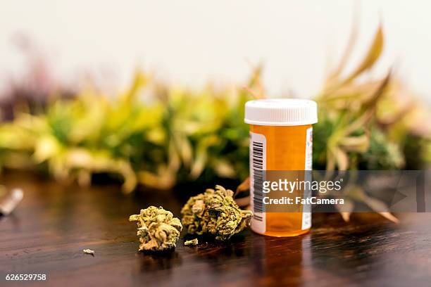marihuana knospen sitzen neben verschreibungspflichtigen medizin flasche - medizinalhanf stock-fotos und bilder
