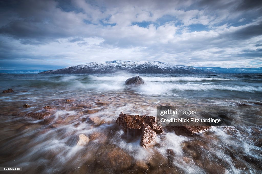Waves crashing ashore on Okanagan Lake, British Columbia, Canada