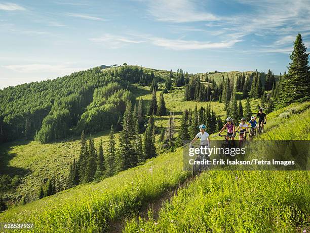 usa, utah, salt lake city, parents with children (10-11,12-13, 14-15) during bike trip - family biking stock pictures, royalty-free photos & images