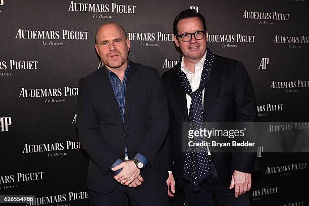Director of Art Basel Marc Spiegler and Francois Bennahmias attend the Audemars Piguet Art Commission Presents "Reconstruction of the Universe" By...