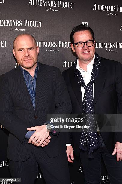 Director of Art Basel Marc Spiegler and Francois Bennahmias attend the Audemars Piguet Art Commission Presents "Reconstruction of the Universe" By...