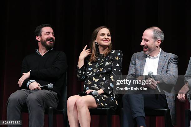 Director Pablo Larrain, actress Natalie Portman and writer Noah Oppenheim attend a panel discussion following the Official Academy Screening of...