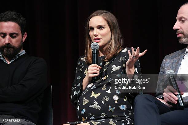 Director Pablo Larrain, actress Natalie Portman and writer Noah Oppenheim attend a panel discussion following the Official Academy Screening of...
